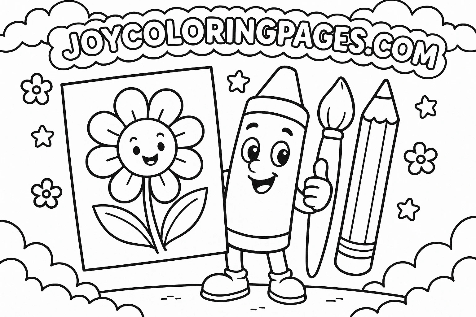 Coloring Page with Character and Flower Art